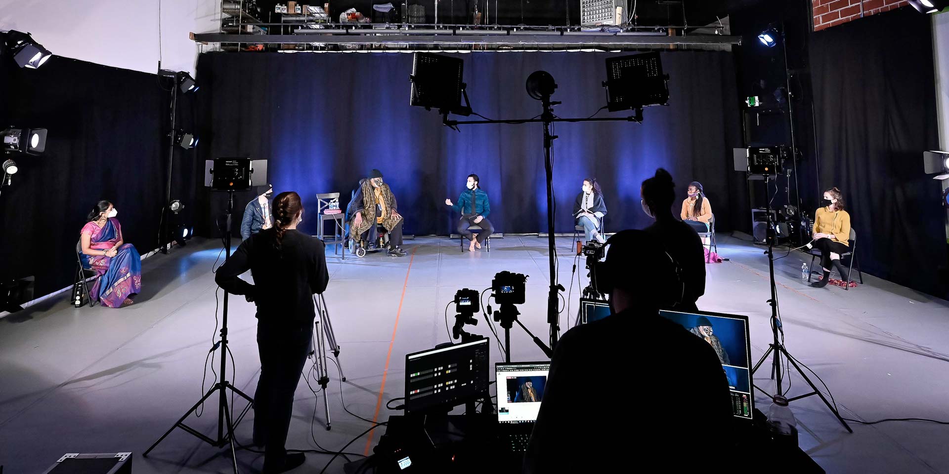 Behind the scenes photograph of the Union PDX - Festival:20 live-streamed artist panel discussion at Polaris Dance Theatre in Portland, Oregon | Photography: Jingzi Zhao